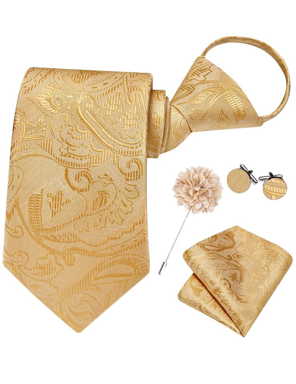 3046 Gold Zipper Ties Floral Adjustable Pre-Tied Necktie Lapel Pin Pocket